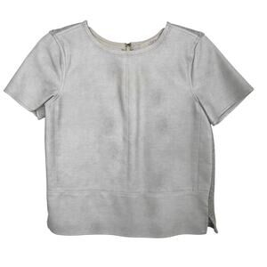 LOFT Faux Leather Front Metallic Tweed Back Top Gray XSmall Short Sleeve Blouse